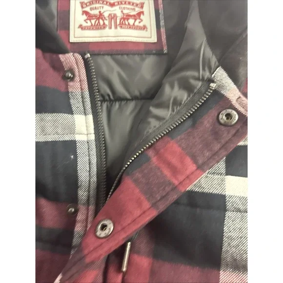 Levi's‎ Quilted Plaid Puffer Flannel Hooded Shacket Size XL Magenta Co